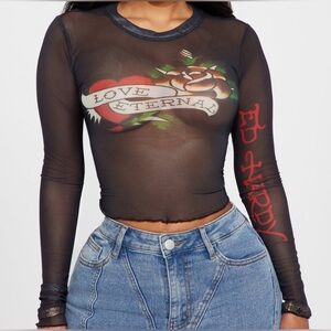 NWT Ed Hardy Black Sheer long sleeve top with Red and White Graphics size M